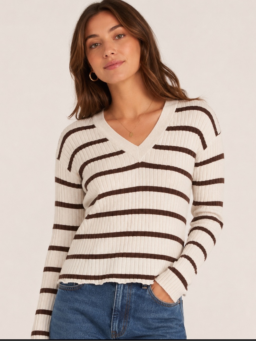 a.n.a Cream and Brown Striped V-Neck Sweater